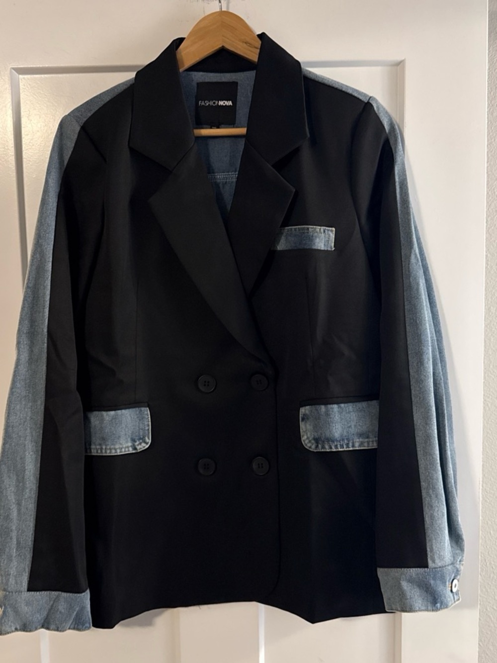 Fashion Nova Black Blazer with Light Blue Denim Panels